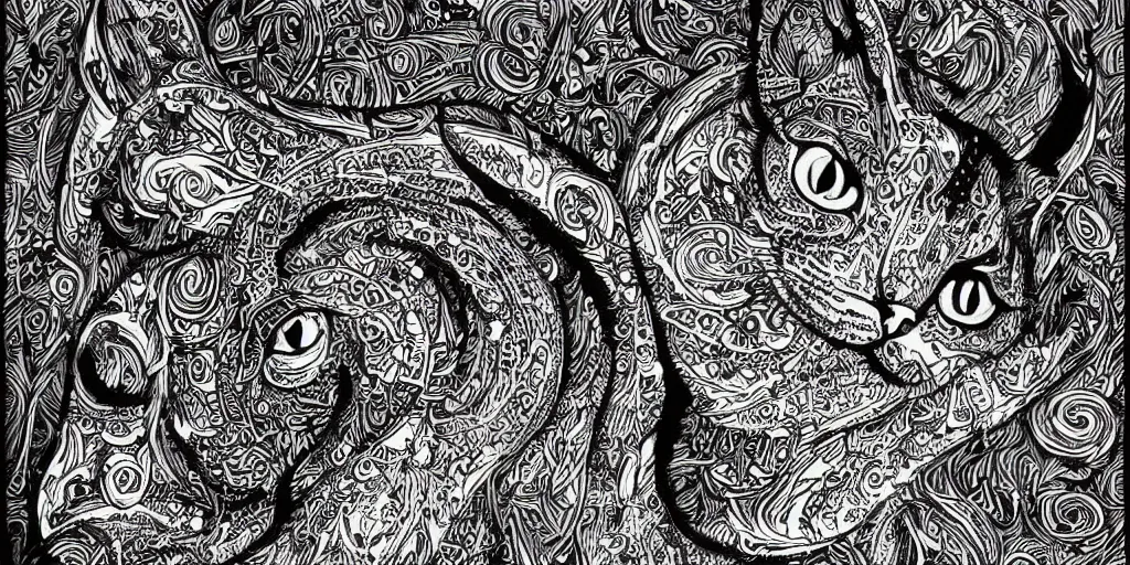 Prompt: cat doodle by visoth kakvei, black and white intricate detailed black ink illustration, sharp, charcoal art