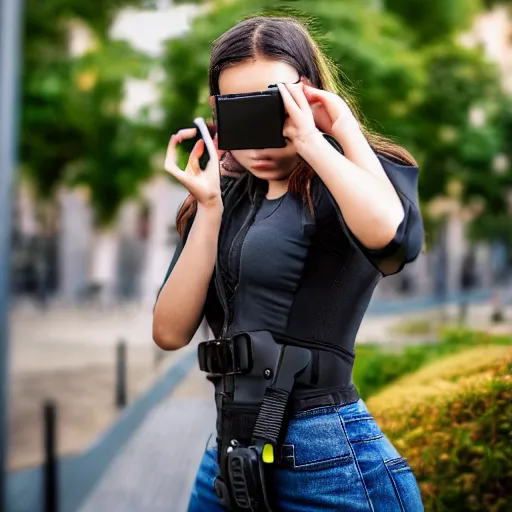 Prompt: candid photographic portrait of a poor techwear mixed young woman using a flip phone inside a dystopian city, closeup, beautiful garden terraces in the background, sigma 85mm f/1.4, 4k, depth of field, high resolution, 4k, 8k, hd, full color