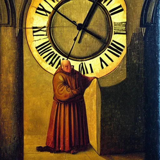 Image similar to medieval monk maintaining an enormous, complex, mechanical clock, oil painting, warm lighting