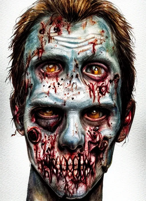 Image similar to zombie hollywood professional acting headshot, hyperrealism, intricate detailed, studio lighting, charming expression gesicht, watercolor art, drawn and painted, colored layers, dulled contrast