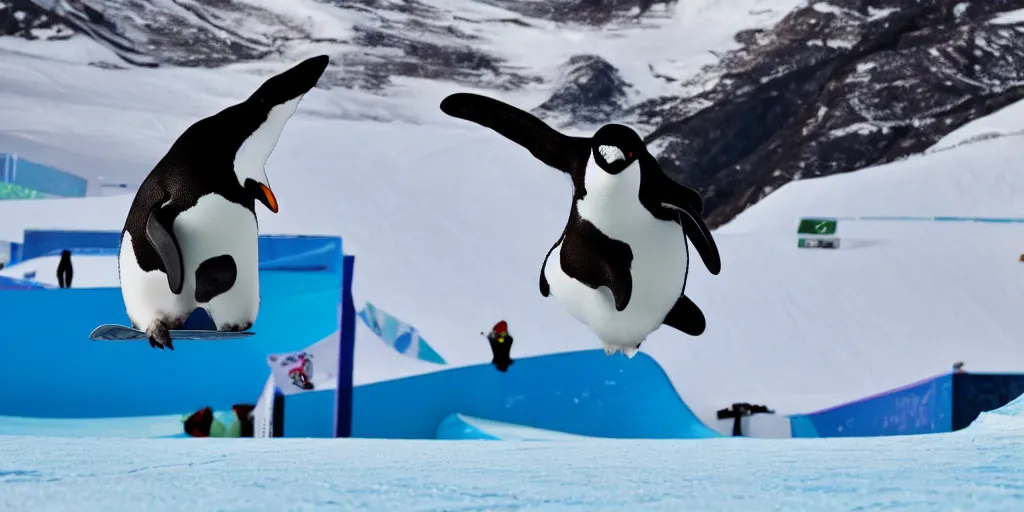 Image similar to ultrawide angle, high speed sporting photography of a penguin on a snowboard in the halfpipe winning the olympic medal, extremely detailed, 8 l