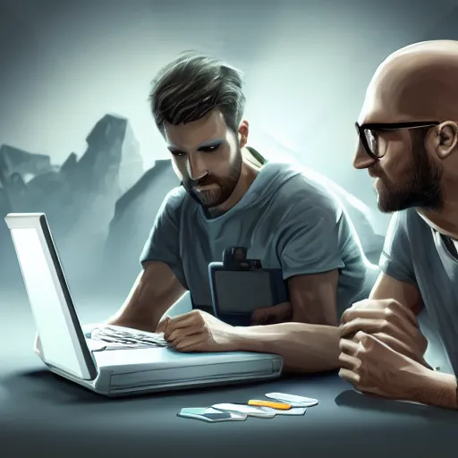 Image similar to realistic successful man playing laptop in gaming room, artstation trends, future concept art, highly detailed, intricate, sharp focus, digital art, 8 k