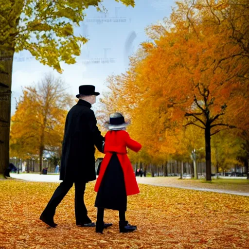 Prompt: A thin man in a black coat and bowler hat talks with small young girl dressed in a red coat and a red hat, park, autumn, Berlin, in style of valentine serov, wide angle, high detail, width 768