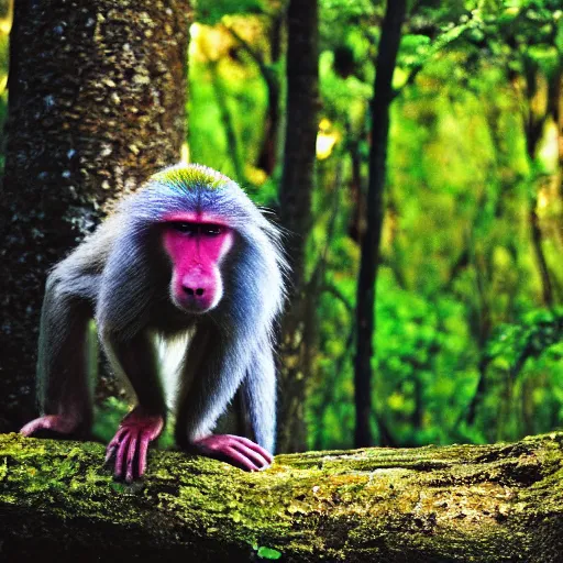 Image similar to iridescent rainbow colored baboon in a forest national geographic photograph detailed