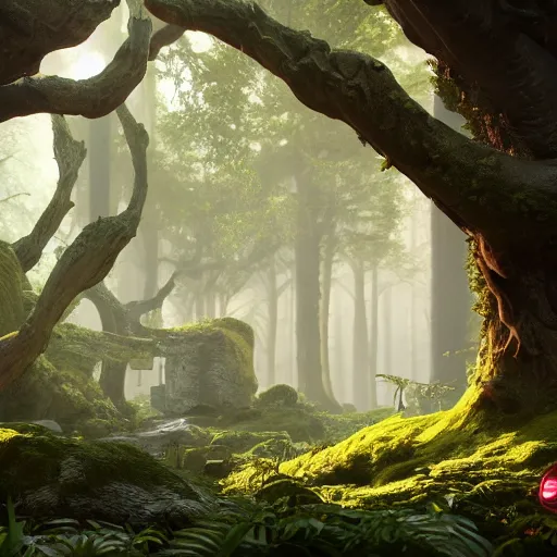 Prompt: Lush otherworldly woodlands with ancient mechanical ruins. Octane & Unreal Engine 4 & f1.4 Photography.