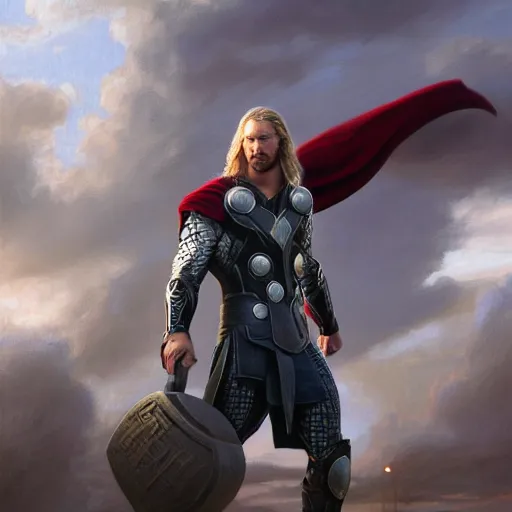 Prompt: Thor holding Mjolnir, detailed, centered, digital painting, artstation, concept art, donato giancola, Joseph Christian Leyendecker, WLOP, Boris Vallejo, Breathtaking, 8k resolution, extremely detailed, beautiful, establishing shot, artistic, hyperrealistic, beautiful face, octane render, cinematic lighting, dramatic lighting, masterpiece