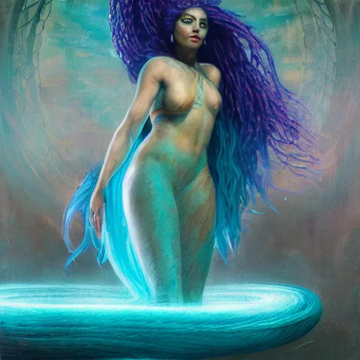 Image similar to birth of mami wata, sumerian goddess inanna ishtar, ashteroth, techno mystic goddess princess intergalactica, with aqua neon rapunzel dreadlocks, mami wata, detailed, by gaston bussiere, bayard wu, greg rutkowski, giger, maxim verehin, greg rutkowski, masterpiece, sharp focus,