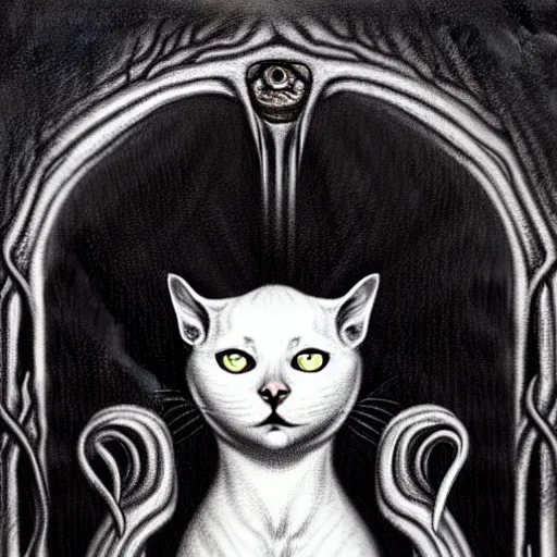 Prompt: white cat, lovecraft, art by hr giger!!!, gustave dore, artstation