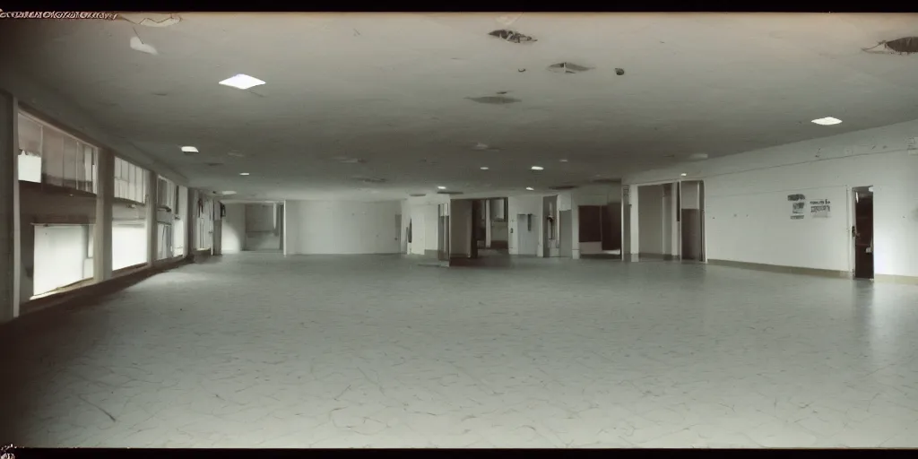 Image similar to a weird place full of people but now empty with eerie feeling, disposable colored camera, camera flash, house, mall, hallway, playground, office