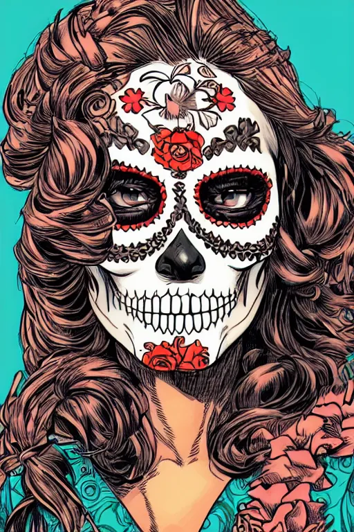 Prompt: Illustration of a sugar skull day of the dead girl, art by mike deodato