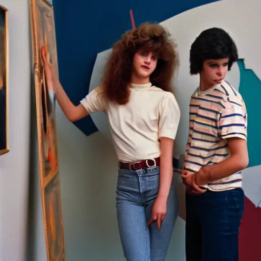 Prompt: 1 9 8 0 s teenagers in an art gallery, cool palette, soft diffusion filter, natural light