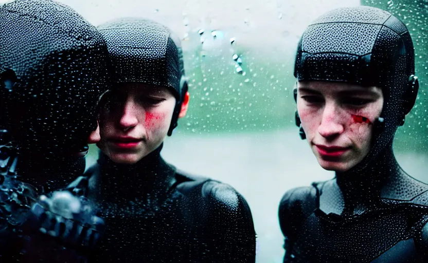 Image similar to cinestill 5 0 d candid photographic portrait by helen levitt of two loving female androids wearing rugged black mesh techwear in treacherous waters, extreme closeup, modern cyberpunk moody depressing cinematic, pouring rain, 8 k, hd, high resolution, 3 5 mm, f / 3 2, ultra realistic faces, ex machina