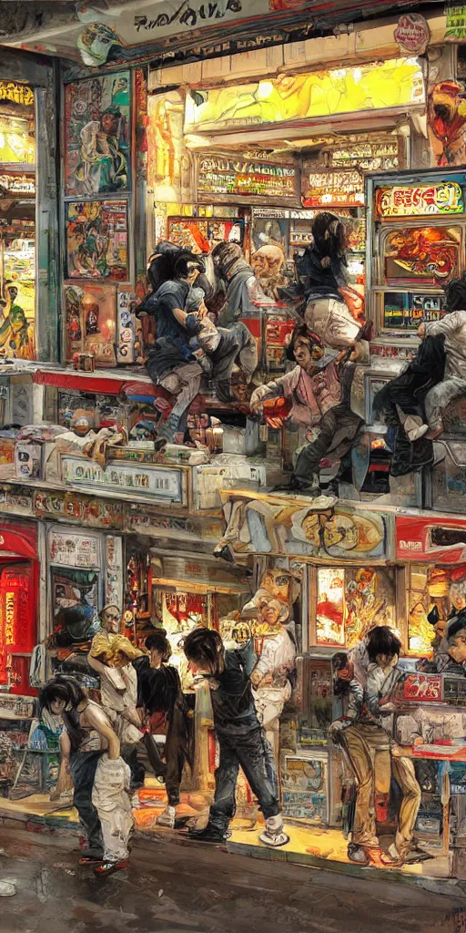 Image similar to oil painting scene from amusement arcade by kim jung gi