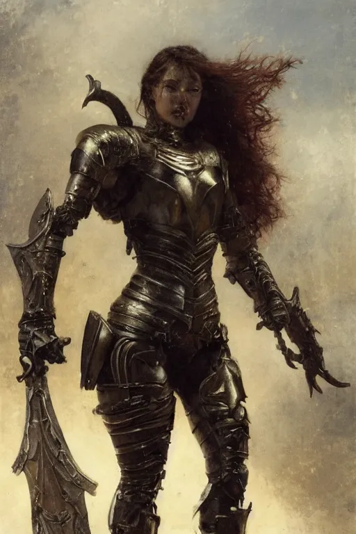 Prompt: short muscular stoya wearing black medieval armour, bare legs, detailed, by gaston bussiere, bayard wu, greg rutkowski, giger, maxim verehin, greg rutkowski, masterpiece, sharp focus, cinematic lightning