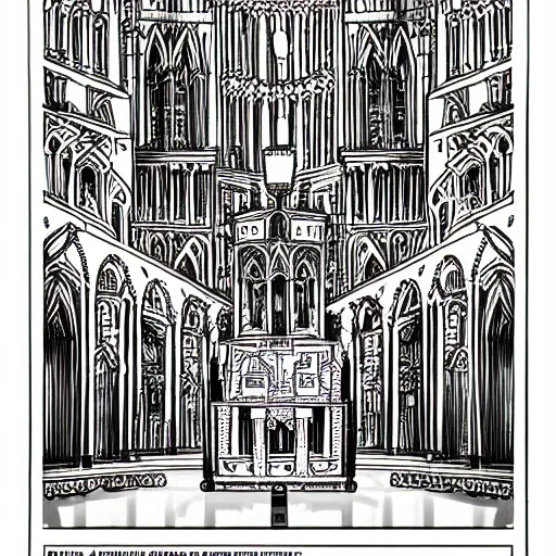 Image similar to detailed intricate comic style illustration of a robotic hydra with jack connectors for heads, inside a cathedral made from pro audio equipment