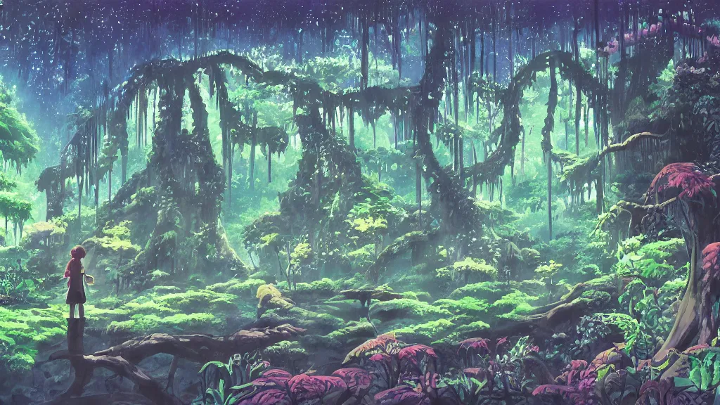 Prompt: magical rainforest with overgrown glowing bioluminescent fungus and strangler fig, anime background, interior, gouache, hand painted, in the style of kazuo oga, studio ghibli