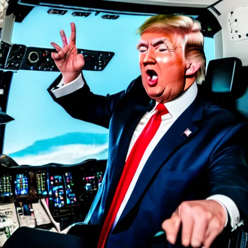 Prompt: Donald Trump in the pilot's seat in an aircraft, screaming, angry, with his hands on the controls, 4k, high quality photograph