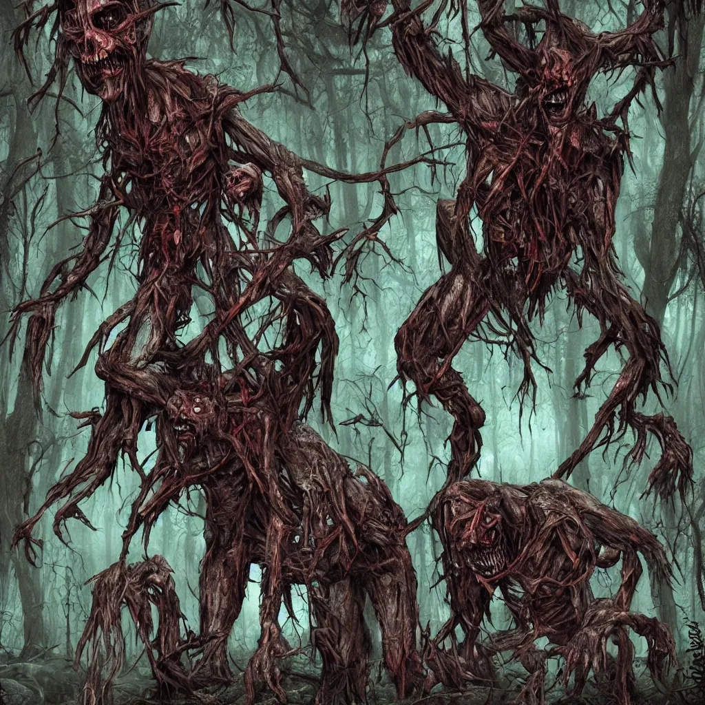 Image similar to dark forest, horrifying creatures, necromorph, horror