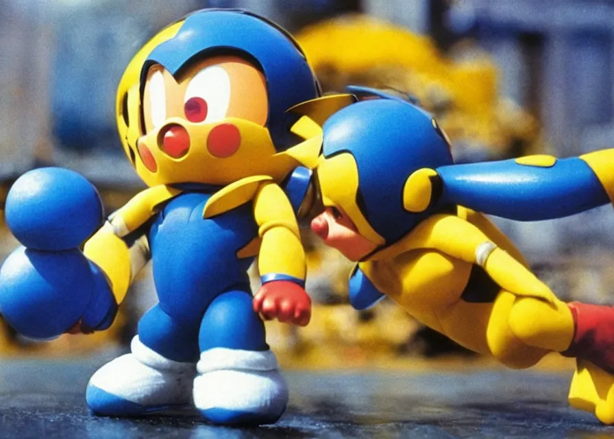 Image similar to Megaman as Pikachu, film still, 1990