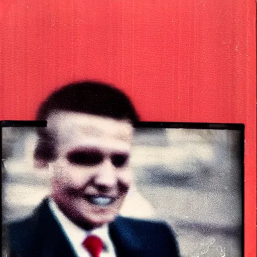 Prompt: vintage Polaroid of Trump vibin' on red square, close up