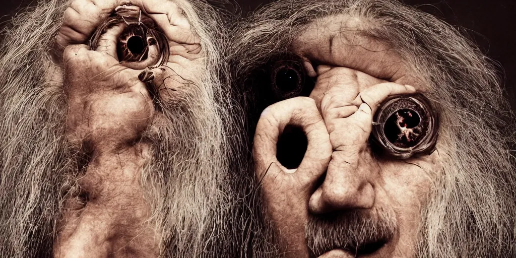 Image similar to a old man with 3 heads and 6 eyes, long hair, hanging upsidedown by annie leibovitz