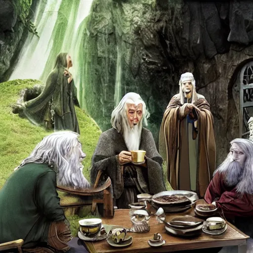 Image similar to lord of the rings gandalf drinking tea with hobbits in the shire, anime studio ghibili