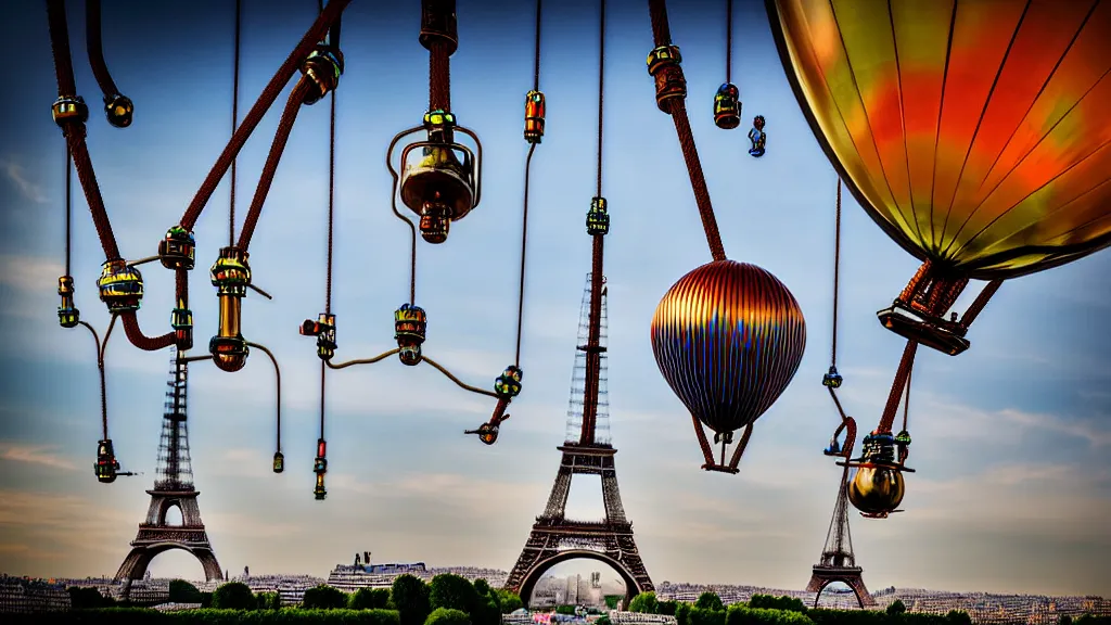 Image similar to large colorful futuristic space age metallic steampunk steam - powered balloons with pipework and electrical wiring around the outside, and people on rope swings underneath, flying high over the beautiful paris city landscape, professional photography, 8 0 mm telephoto lens, realistic, detailed, photorealistic, photojournalism