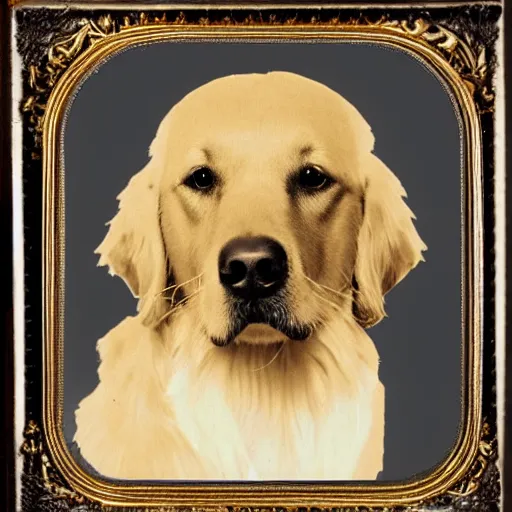 Image similar to victorian era formal portrait photograph of a golden retriever