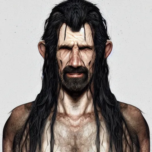 Prompt: portrait of a 6 0 - year - old draconid man with long tangles of bushy black hair and scars on his face, wearing a simple robe, hyper realistic face, beautiful eyes, character art, art by mark brooks, hyperdetailed, cryengine, trending on artstation, digital art