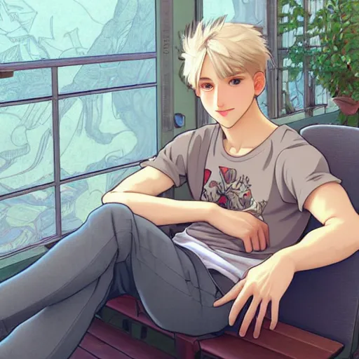 Prompt: young man with short, ash blond greyish hair, light brown eyes, casual clothes, relaxing, happy, path traced, highly detailed, high quality, digital painting, by studio ghibli and alphonse mucha, beautiful details, soft and warm