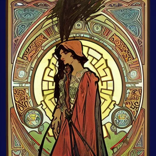 Image similar to paladin, painted by alphonse mucha