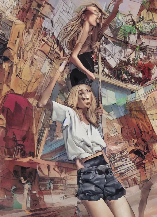 Image similar to , a gorgeous hulking woman with very long hip-length blonde hair, happy sunny day, wearing a cut-off white top and red dirt cut-off shorts standing by the water, beach tennis, modern architecture, in the style of artgerm and moebius and annie liebovitz, marvel comics, photorealistic, highly detailed, trending on artstation, Gediminas Pranckevicius