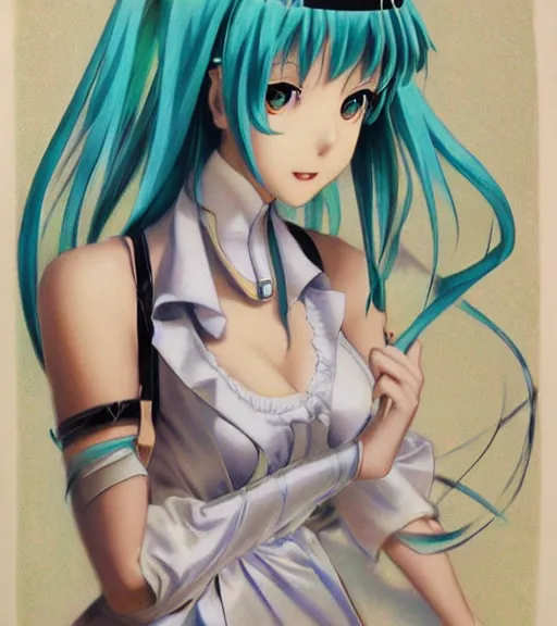 Prompt: Anime art very beautiful Hatsune miku by Gil Elvgren, Earl Moran, symmetrical shoulders