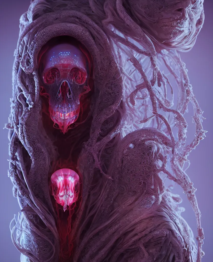 Image similar to hooded goddess close - up portrait hooded human skull, ram skull, squid phoenix jellyfish, orchid, betta fish, bioluminiscent, intricate artwork by tooth wu and wlop and beeple. octane render, trending on artstation, greg rutkowski very coherent symmetrical artwork. cinematic, hyper realism, high detail, octane render, 8 k