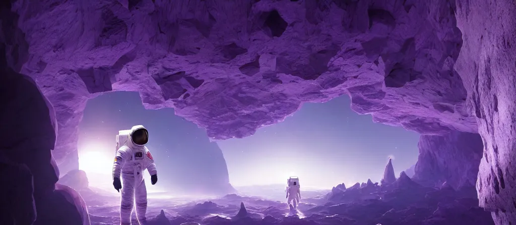 Image similar to astronaut on purple [ [ [ crystal ] ] ] caves, amethyst, beautiful dynamic lighting, cinematic, wide angle establishing shot, extremely high detail, photo realistic, cinematic lighting, matte painting, interstellar, greg rutkowski, roger deakins