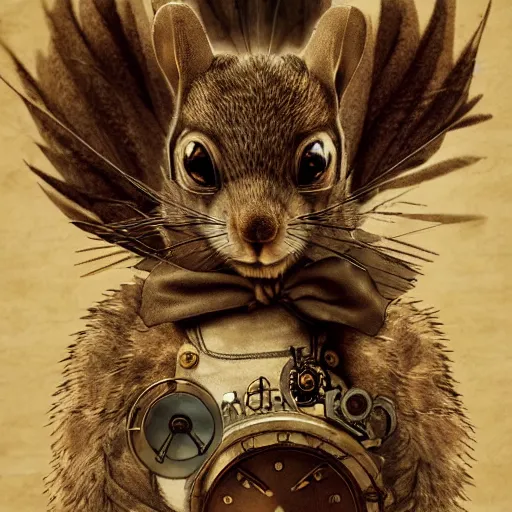 Image similar to steampunk squirrel looking evil into the camera, artistic background, trending on artstation, highly detailed