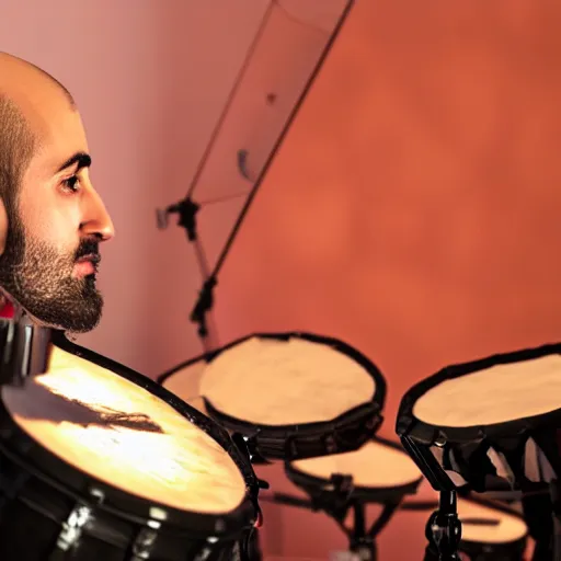 Image similar to bald arab guy with a beard playing on a professional drum kit, extremely detailed, realistic, soft lighting