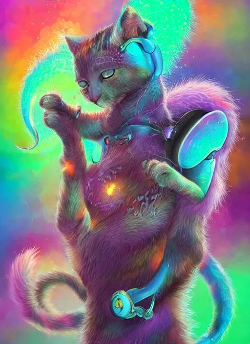 Prompt: cat seahorse fursona wearing headphones, autistic bisexual graphic designer, fluffy attractive androgynous humanoid, coherent detailed character design, weirdcore voidpunk digital art by delphin enjolras, wlop, louis wain, furaffinity, cgsociety, trending on deviantart