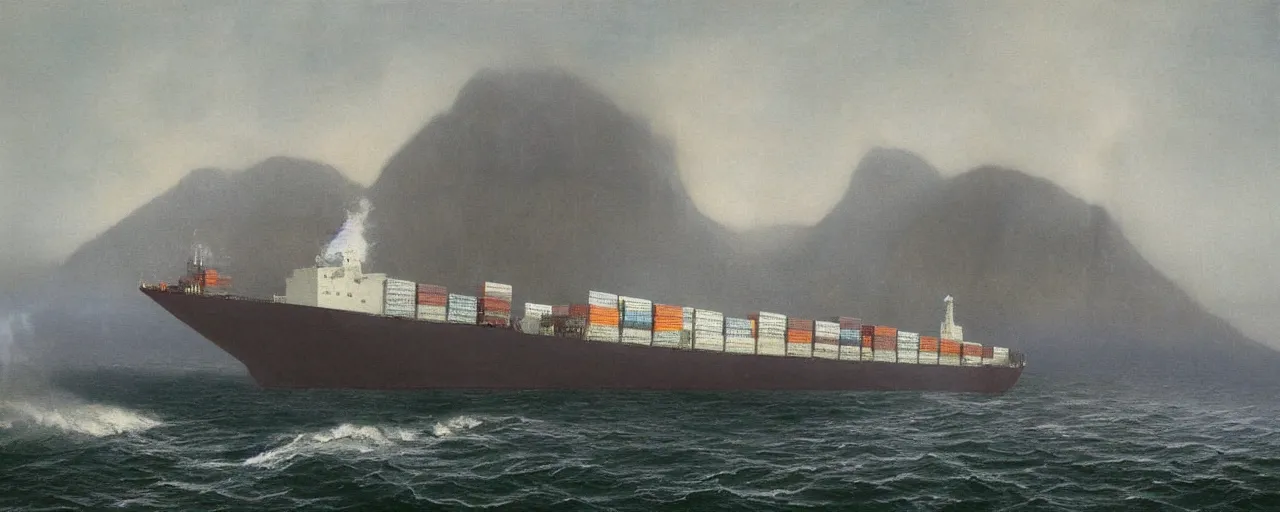 Prompt: container ship containership colossus near misty black cliffs over steamy water by Fernand Khnopff, matte painting