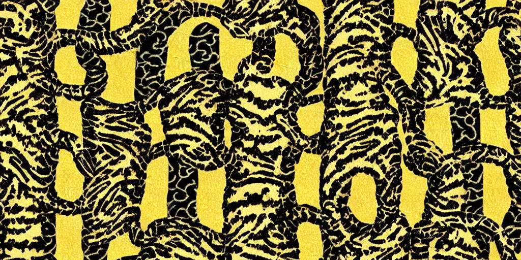 Prompt: textured versace gucci textile print design detailed intricate gold black tiger shrimp swimming digital file high resolution