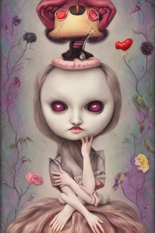 Prompt: pop surrealism, lowbrow art, realistic cute girl painting, alice in wonderland, hyper realism, muted colors, trevor brown, mark ryden style