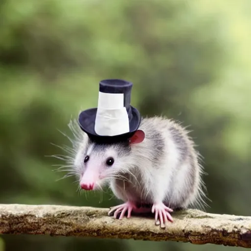 Image similar to candid photo of a cute opossum wearing a lil top hat