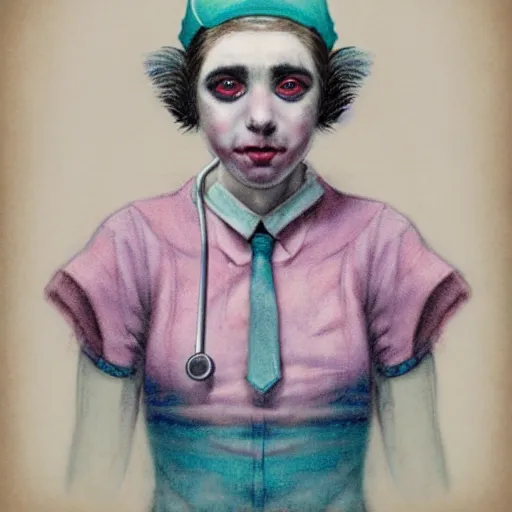 Image similar to clowncore pastel punk young hospital nurse wearing stylish uniform. detailed, portrait, 8 k, artwork by jean - baptiste monge