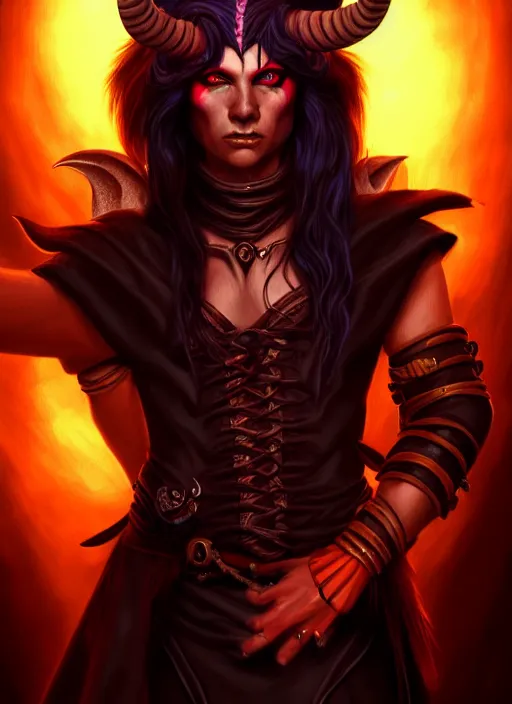 Prompt: tiefling bard, full body, hyper realistic, extremely detailed, dnd character art portrait, dark fantasy art, intricate fantasy painting, dramatic lighting, vivid colors, deviantart, artstation.