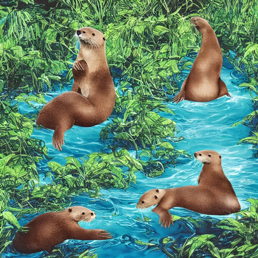 Image similar to album art, an otter swimming in an overgrown tropical creek river, omni magazine, beautiful visuals