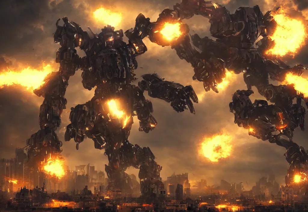 Image similar to mecha peron destroying a city, photorealistic, film, cinematic lighting, octane tender, volumetric light, dark - art