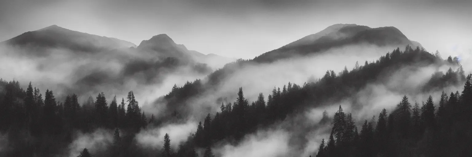 Image similar to monochrome photo of ambient and misty mountains