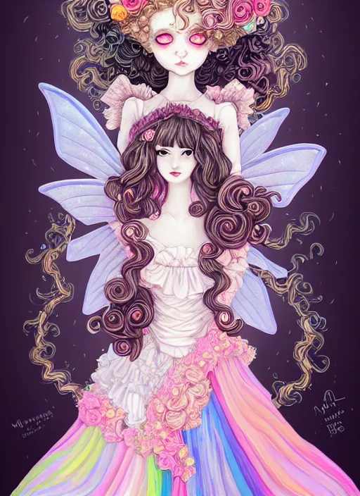 Image similar to dark fantastic illustration of beautiful girl witch with a robot, curls hair, rococo ruffles dress, rosette, symmetrical face, pastel rainbow, pearlescent, cute, fairy, rim light, detailed background, by mai yoneyama, rolua, manga, artstation, concept art, highly detailed, colorful, maximalist