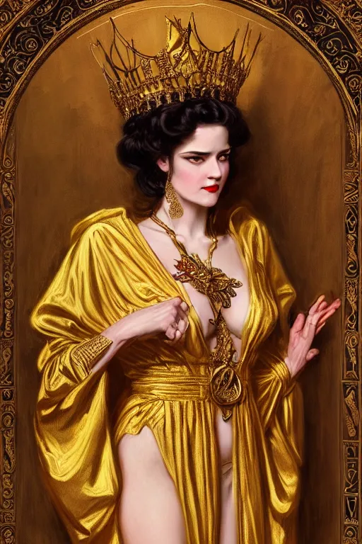 Image similar to Portrait of historically accurate, ancient biblical, sultry, sneering, evil, pagan, wicked, queen jezebel, wearing gilded robes, long hair, intricate, elegant, highly detailed, masterpiece, illustration, art by J C Leyendecker, highly detailed, trending on artstation, award winning