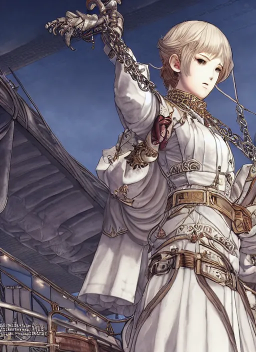 Image similar to character portrait of the white herald on the deck of an imperial airship in the sky, hidari, color page, tankoban, 4K, tone mapping, Akihiko Yoshida.